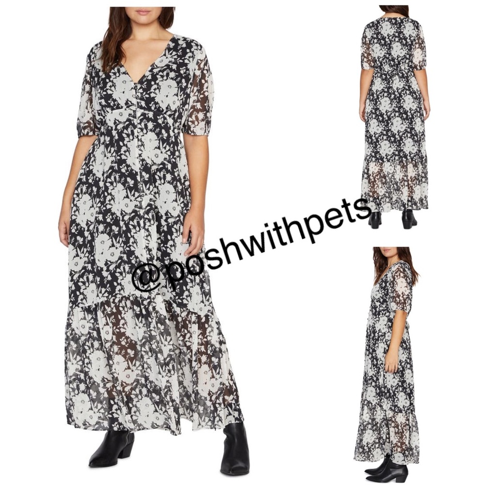 Sanctuary NWT Florence Puff Sleeve V Neck Maxi Dress Black & White Floral New
